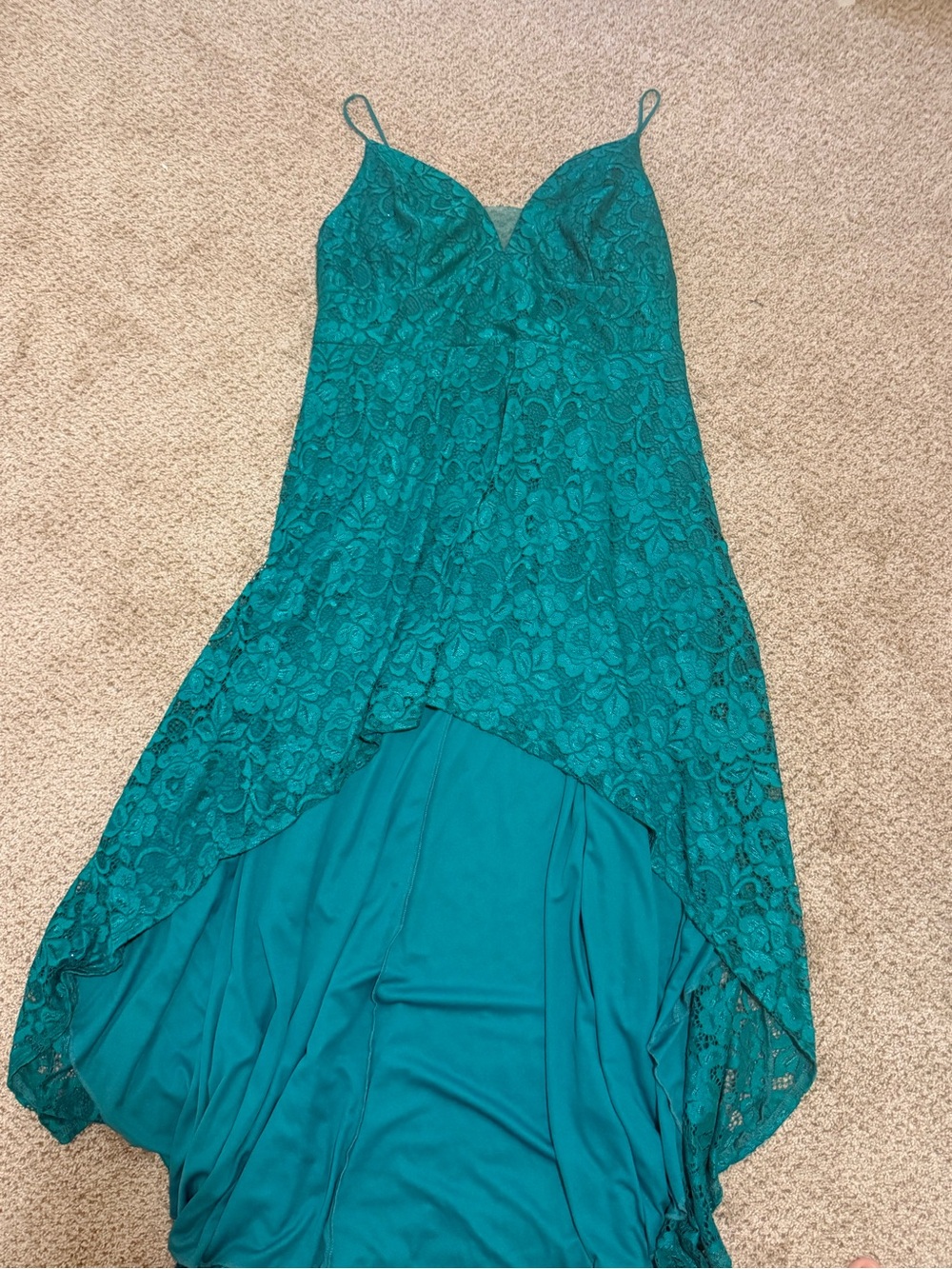 Teal Lace High-Low Slip Dress